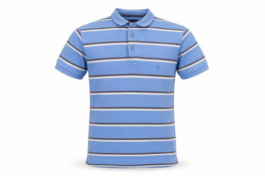 Front view of French Connection men’s blue striped cotton polo, size M, collared button
