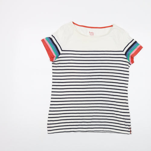 Boden Womens White Striped Cotton Basic T-Shirt Size 14 Round Neck