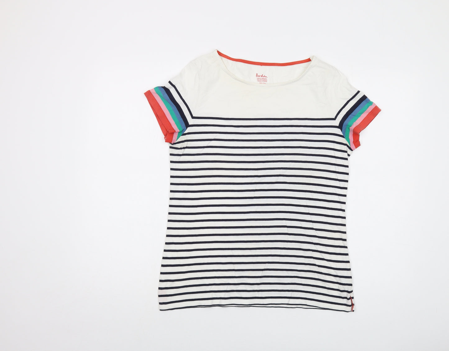 Boden Womens White Striped Cotton Basic T-Shirt Size 14 Round Neck