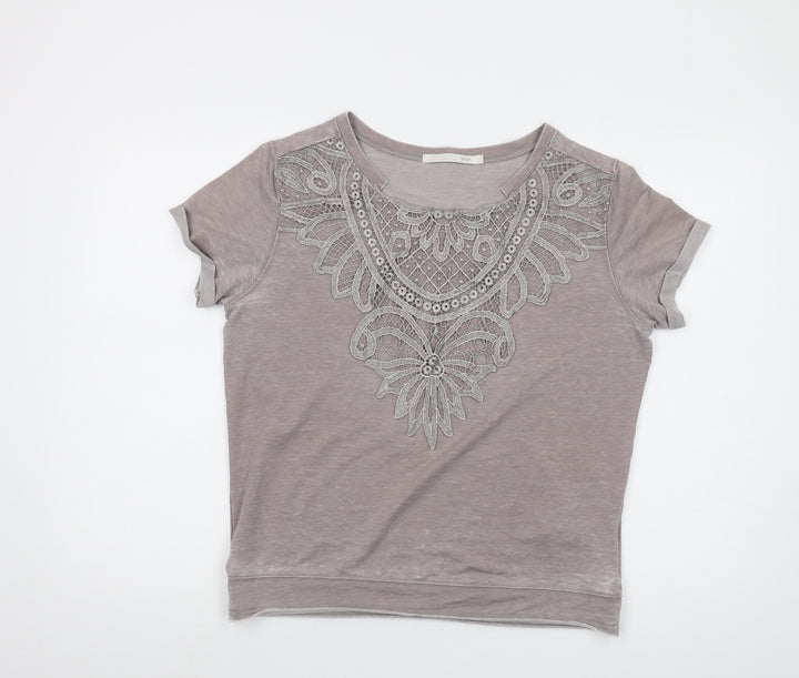 YAYA Womens Beige Cotton Basic T-Shirt Size L Round Neck