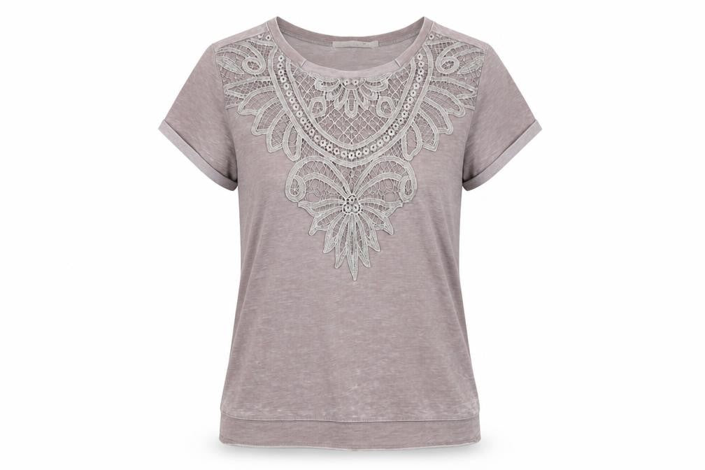 Front view of YAYA women’s beige cotton basic t-shirt, size L, round neck