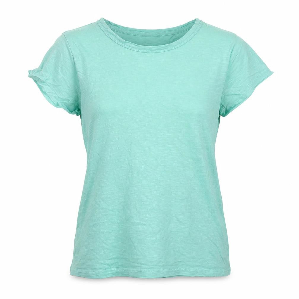 Front view of Thought women’s green cotton basic t-shirt, size UK 12, round neck