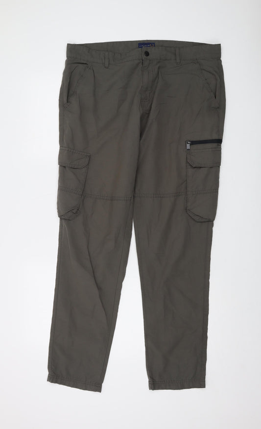 Lincoln Mens Green Cotton Cargo Trousers Size 36 in L31 in Regular Button