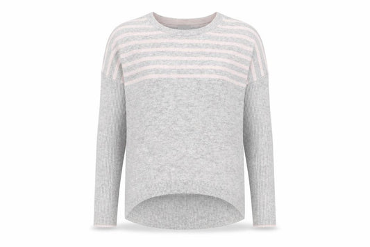Front view of Pure women’s grey round neck striped wool jumper, size UK 10