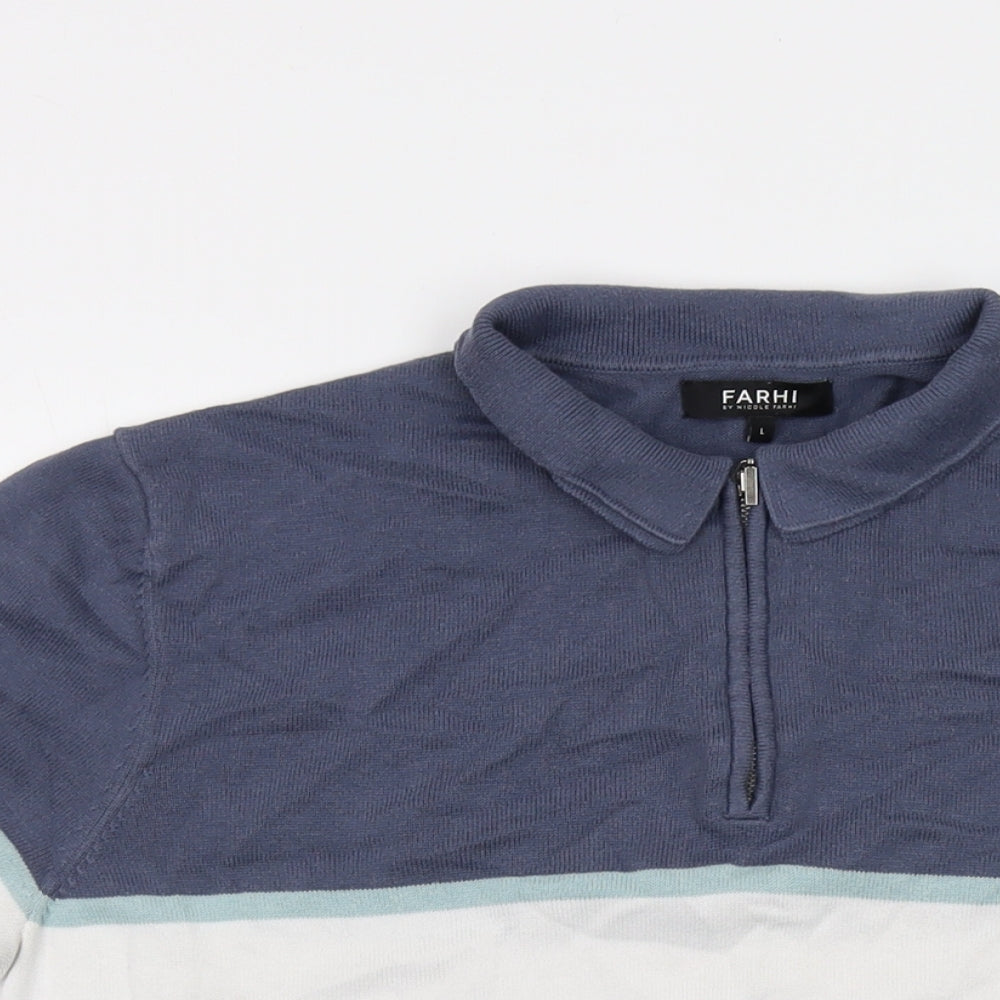 Farah Mens Blue Collared Cotton Pullover Jumper Size L Short Sleeve