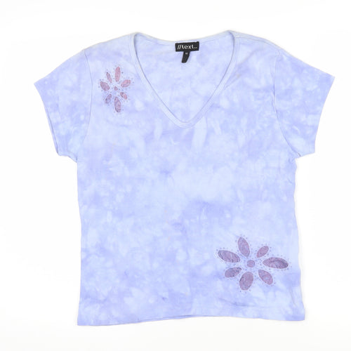 Text Womens Blue Geometric 100% Cotton Basic T-Shirt Size M V-Neck - Beaded flower motifs