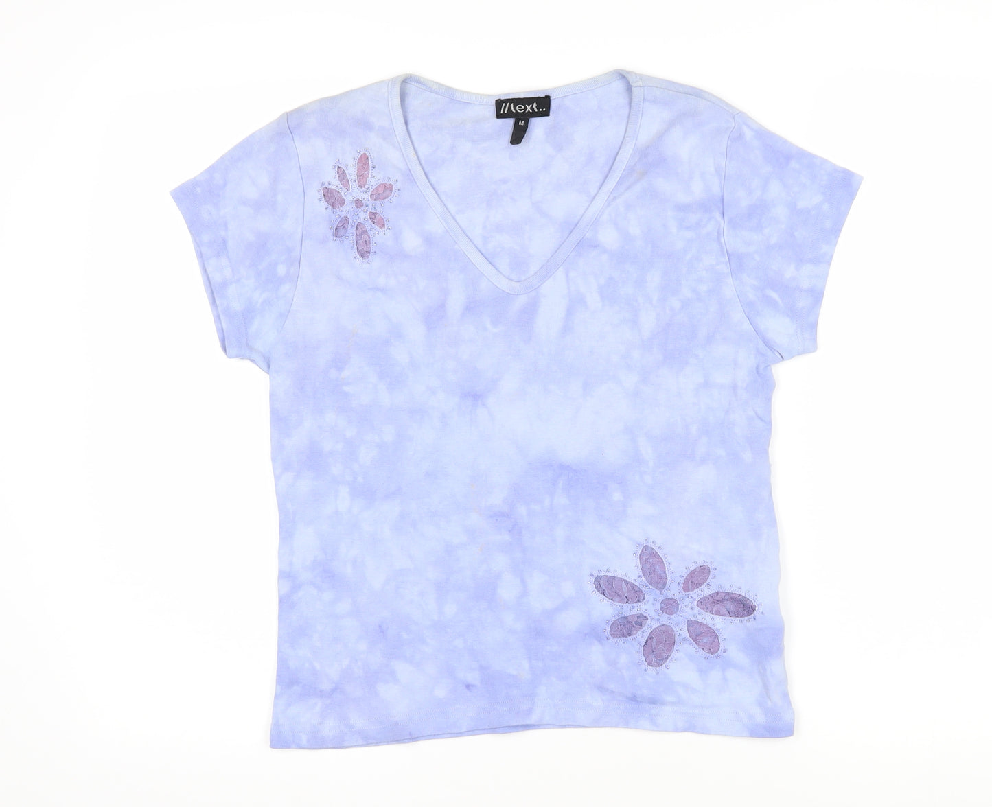 Text Womens Blue Geometric 100% Cotton Basic T-Shirt Size M V-Neck - Beaded flower motifs