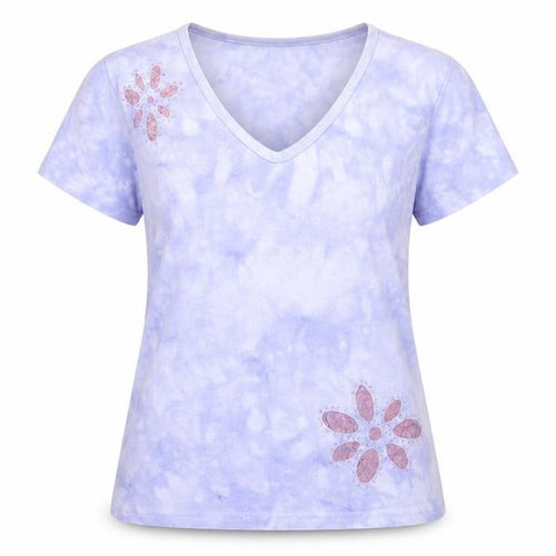 Text Womens Blue Geometric 100% Cotton Basic T-Shirt Size M V-Neck - Beaded flower motifs