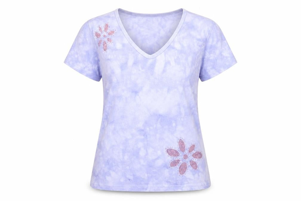 Text Womens Blue Geometric 100% Cotton Basic T-Shirt Size M V-Neck - Beaded flower motifs