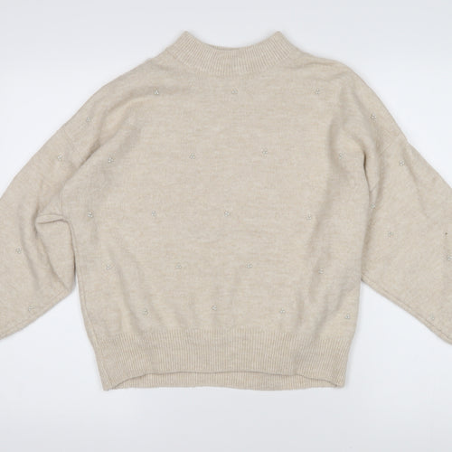 H&M Womens Beige Mock Neck Acrylic Pullover Jumper Size S - Beaded pearl decoration