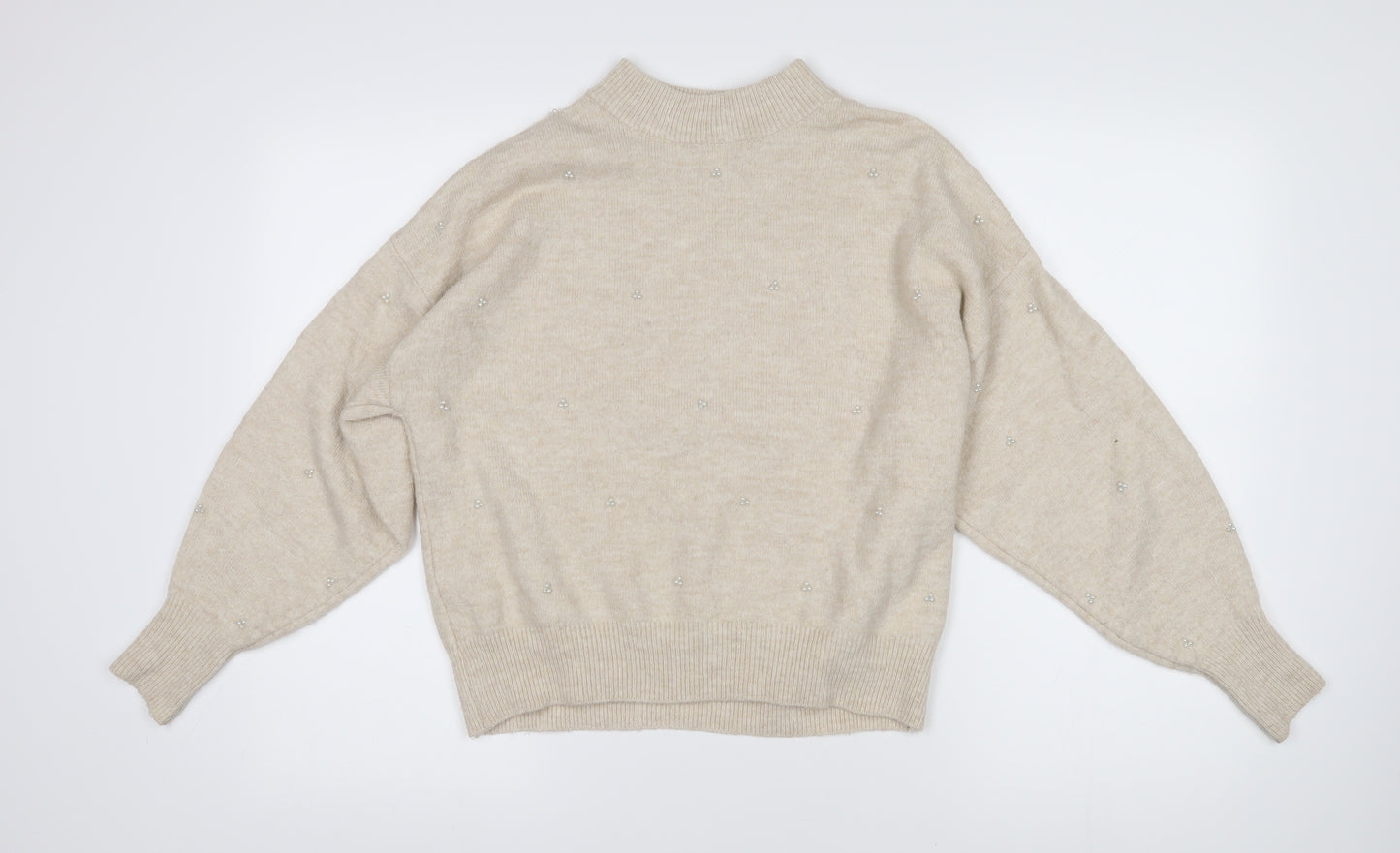 H&M Womens Beige Mock Neck Acrylic Pullover Jumper Size S - Beaded pearl decoration