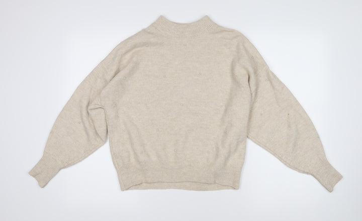 H&M Womens Beige Mock Neck Acrylic Pullover Jumper Size S - Beaded pearl decoration