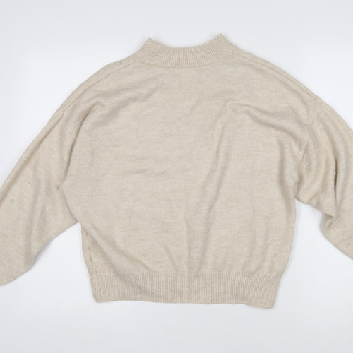 H&M Womens Beige Mock Neck Acrylic Pullover Jumper Size S - Beaded pearl decoration