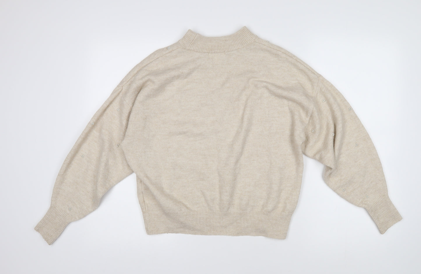 H&M Womens Beige Mock Neck Acrylic Pullover Jumper Size S - Beaded pearl decoration