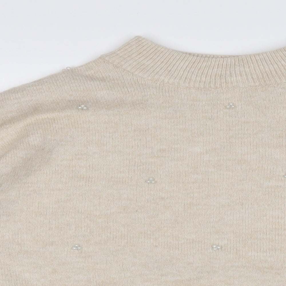 H&M Womens Beige Mock Neck Acrylic Pullover Jumper Size S - Beaded pearl decoration