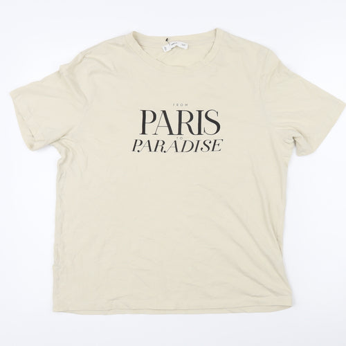 MNG Womens Beige 100% Cotton Basic T-Shirt Size L Scoop Neck - From Paris to paradise