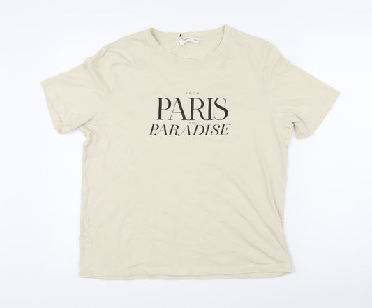 MNG Womens Beige 100% Cotton Basic T-Shirt Size L Scoop Neck - From Paris to paradise