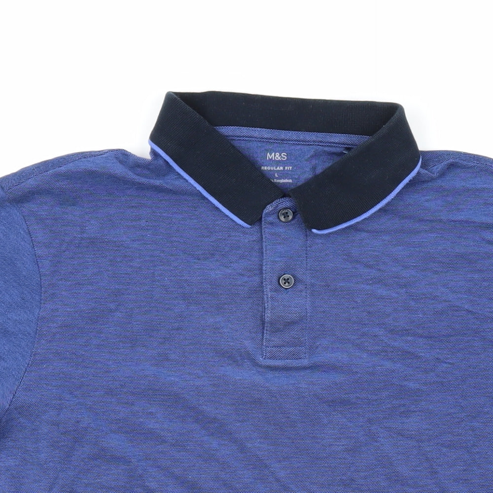 Marks & Spencer Mens Blue 100% Cotton Polo Size L Collared Button