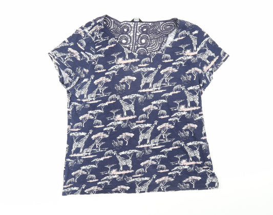 M&Co Womens Blue Geometric 100% Cotton Tunic T-Shirt Size 16 Scoop Neck - Giraffes and zebras