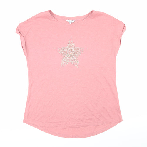 NEXT Womens Pink Cotton Basic T-Shirt Size 16 Boat Neck - Star Print