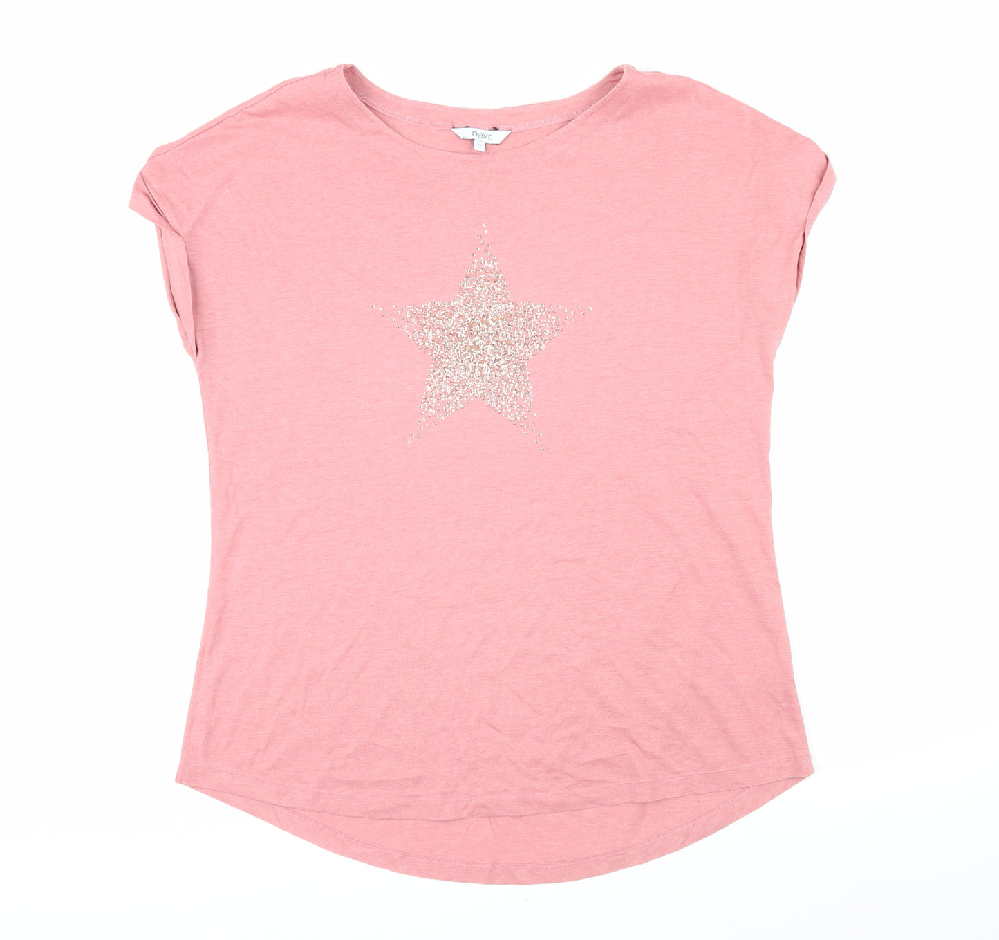 NEXT Womens Pink Cotton Basic T-Shirt Size 16 Boat Neck - Star Print