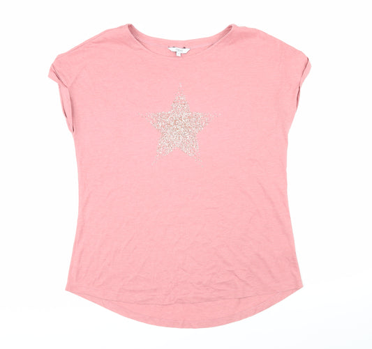 NEXT Womens Pink Cotton Basic T-Shirt Size 16 Boat Neck - Star Print