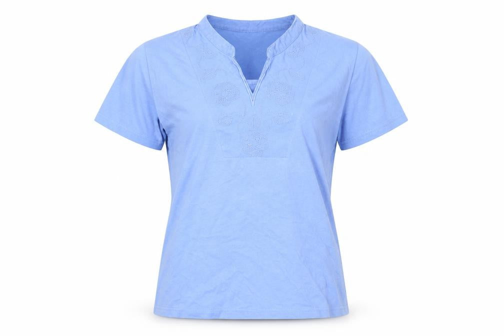 Front view of EWM women’s blue cotton basic t-shirt, size S, v-neck
