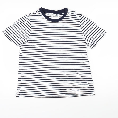 Marks and Spencer Womens Blue Striped 100% Cotton Basic T-Shirt Size 14 Round Neck