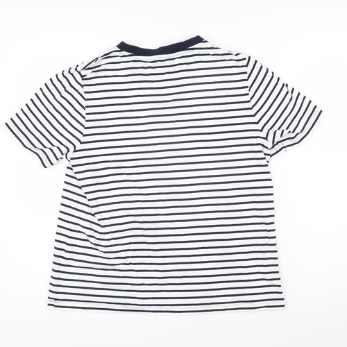 Marks and Spencer Womens Blue Striped 100% Cotton Basic T-Shirt Size 14 Round Neck