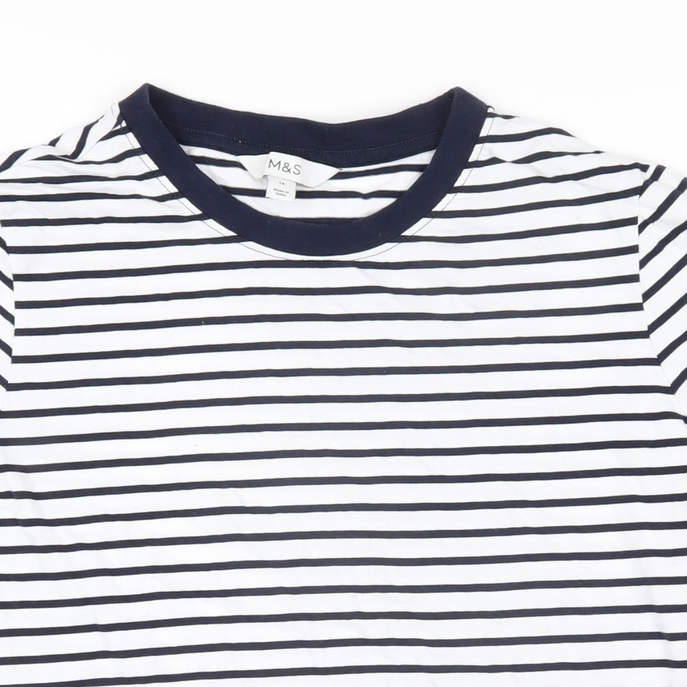 Marks and Spencer Womens Blue Striped 100% Cotton Basic T-Shirt Size 14 Round Neck