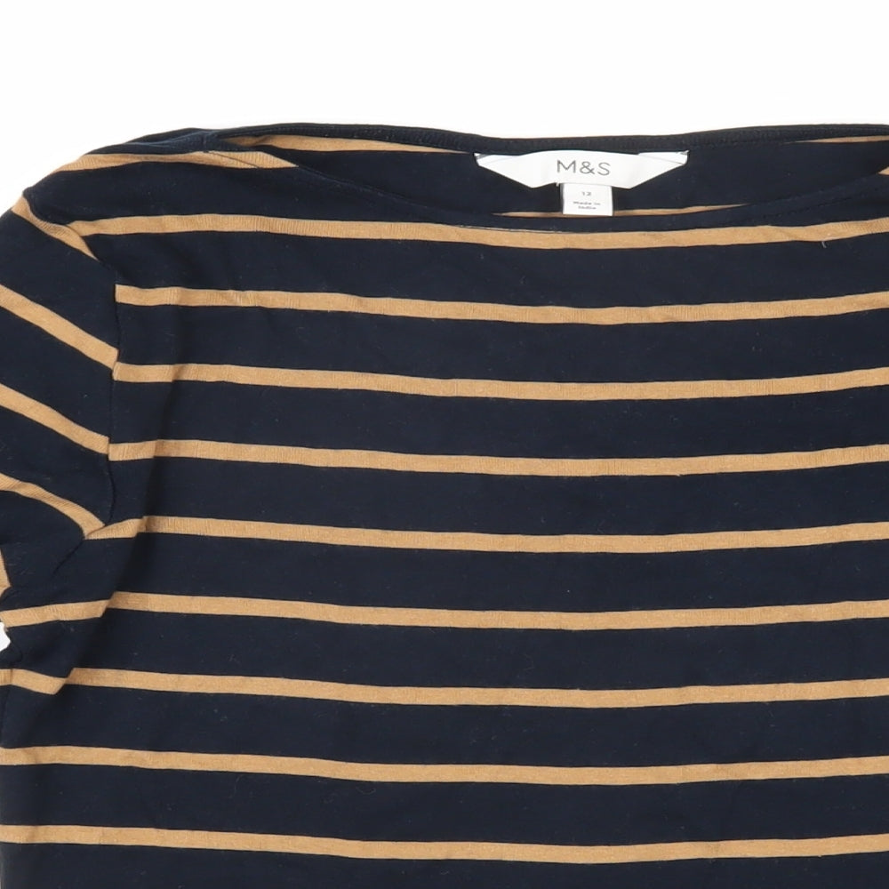 Marks and Spencer Womens Blue Striped 100% Cotton Basic T-Shirt Size 12 Boat Neck