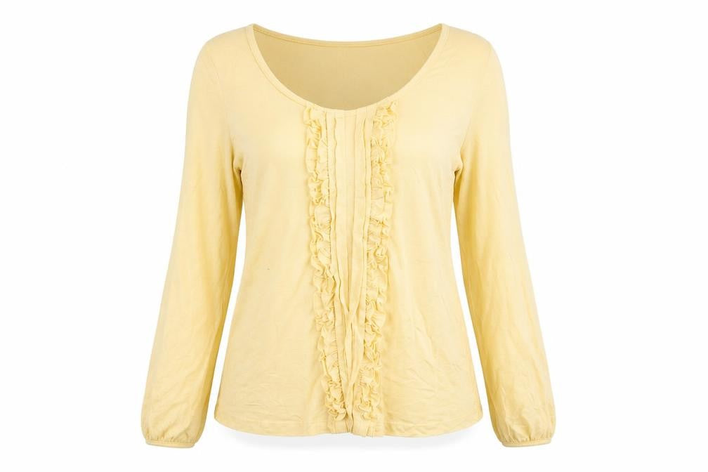 Front view of M&Co women’s yellow viscose basic t-shirt, size UK 16, scoop neck