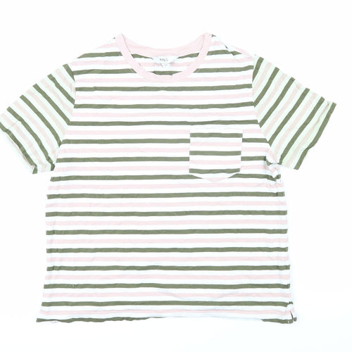 Marks and Spencer Womens Green Striped Cotton Basic T-Shirt Size 14 Boat Neck