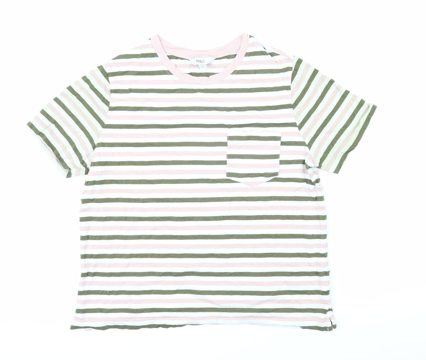 Marks and Spencer Womens Green Striped Cotton Basic T-Shirt Size 14 Boat Neck