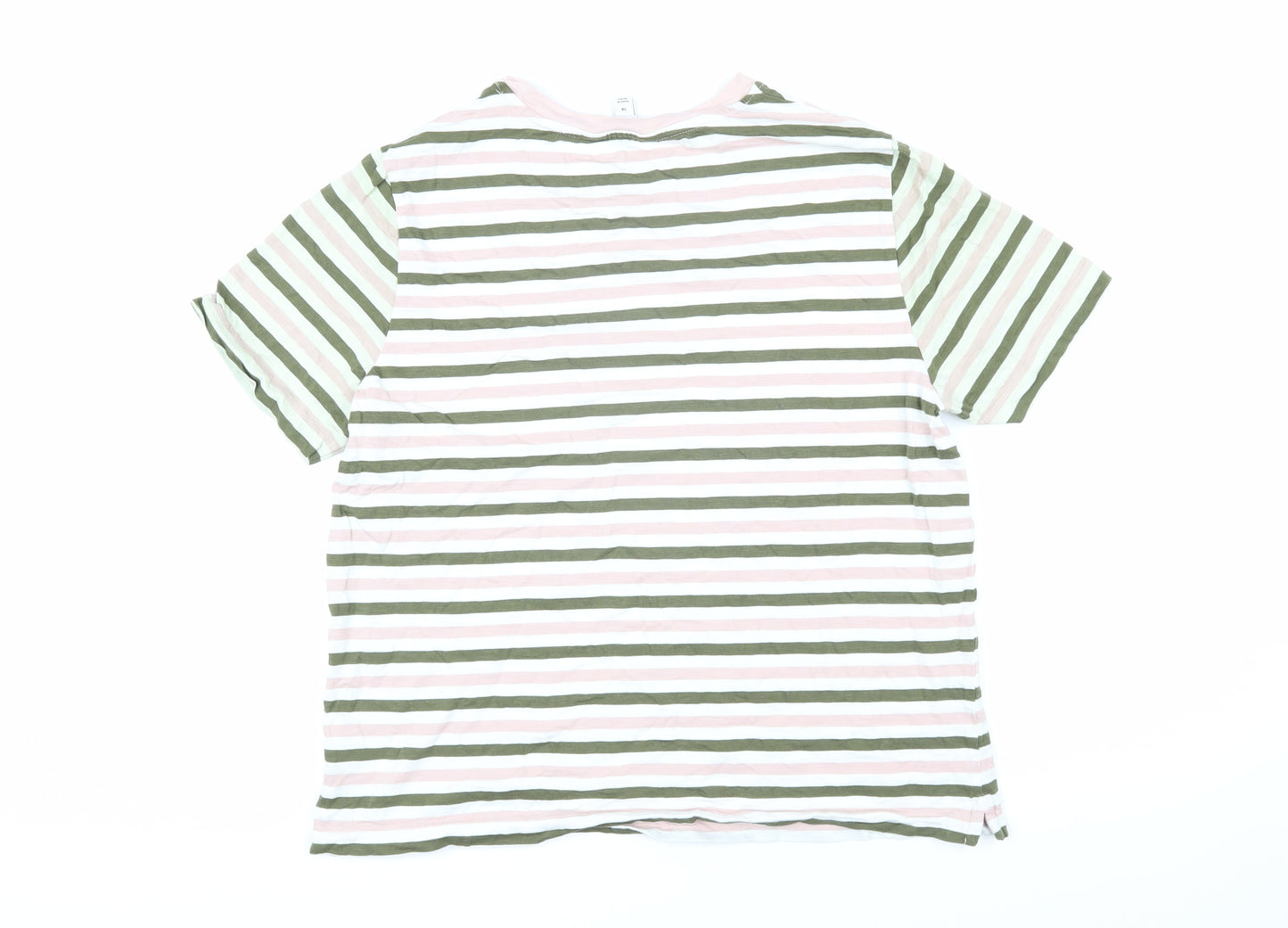 Marks and Spencer Womens Green Striped Cotton Basic T-Shirt Size 14 Boat Neck