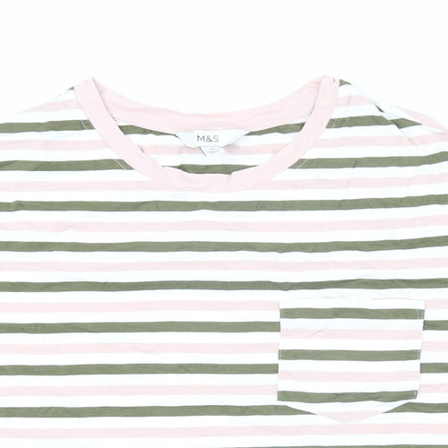 Marks and Spencer Womens Green Striped Cotton Basic T-Shirt Size 14 Boat Neck