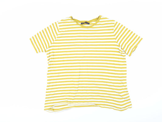 Marks and Spencer Womens Yellow Striped 100% Cotton Basic T-Shirt Size 14 Boat Neck