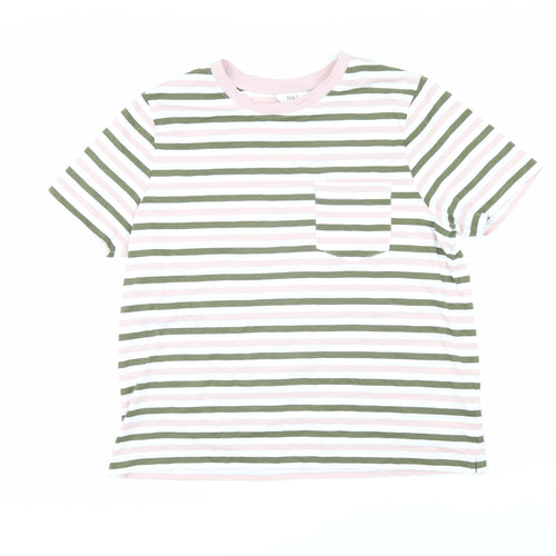 Marks and Spencer Womens Green Striped 100% Cotton Basic T-Shirt Size 14 Round Neck