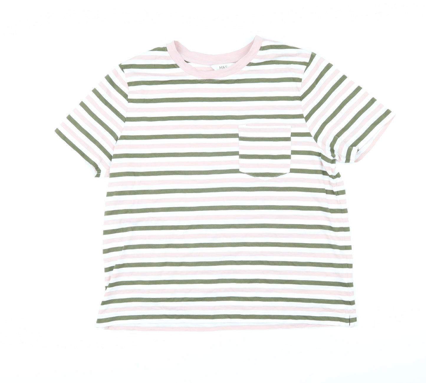 Marks and Spencer Womens Green Striped 100% Cotton Basic T-Shirt Size 14 Round Neck