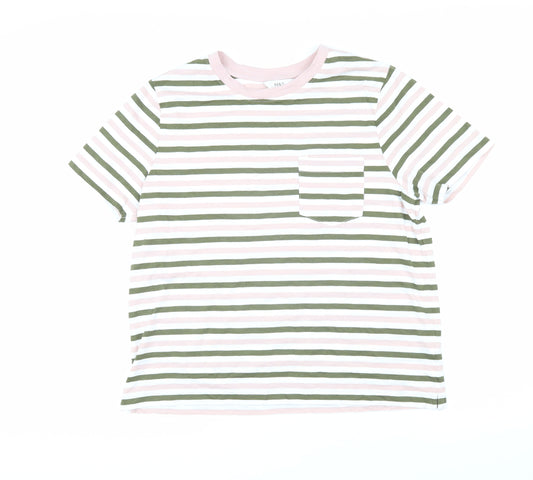 Marks and Spencer Womens Green Striped 100% Cotton Basic T-Shirt Size 14 Round Neck