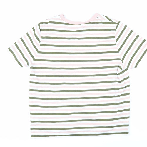 Marks and Spencer Womens Green Striped 100% Cotton Basic T-Shirt Size 14 Round Neck