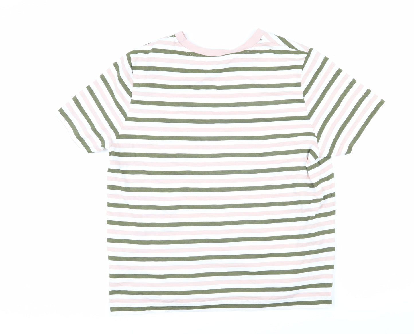 Marks and Spencer Womens Green Striped 100% Cotton Basic T-Shirt Size 14 Round Neck