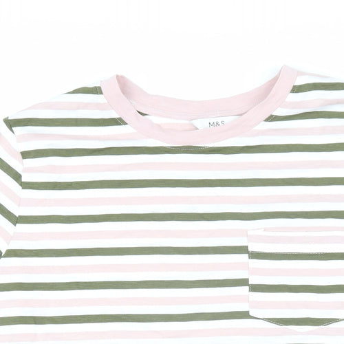 Marks and Spencer Womens Green Striped 100% Cotton Basic T-Shirt Size 14 Round Neck