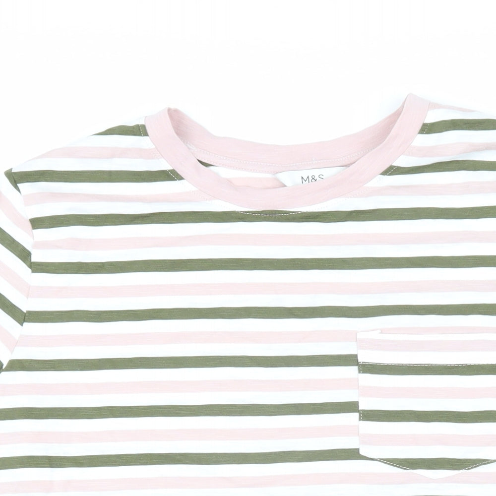 Marks and Spencer Womens Green Striped 100% Cotton Basic T-Shirt Size 14 Round Neck