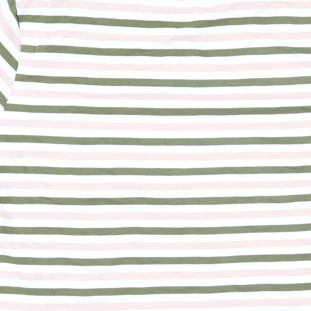 Marks and Spencer Womens Green Striped 100% Cotton Basic T-Shirt Size 14 Round Neck