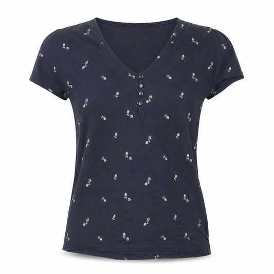 Front view of Next women’s blue geometric 100% cotton basic t-shirt, size XS, v-neck - holly leaves and berries