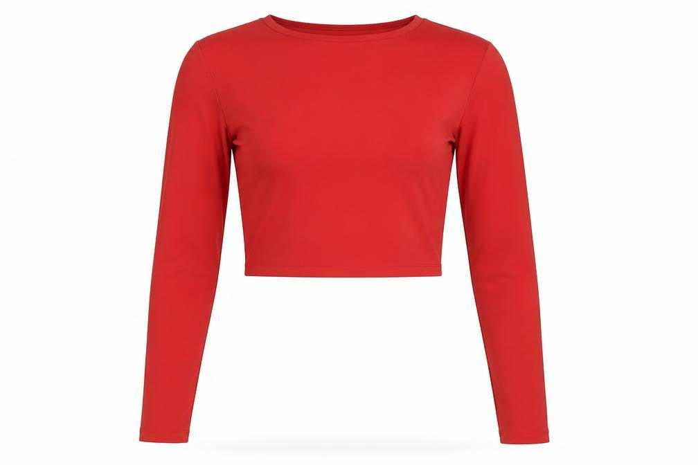 Front view of Zara women’s red polyamide basic t-shirt, size M, boat neck