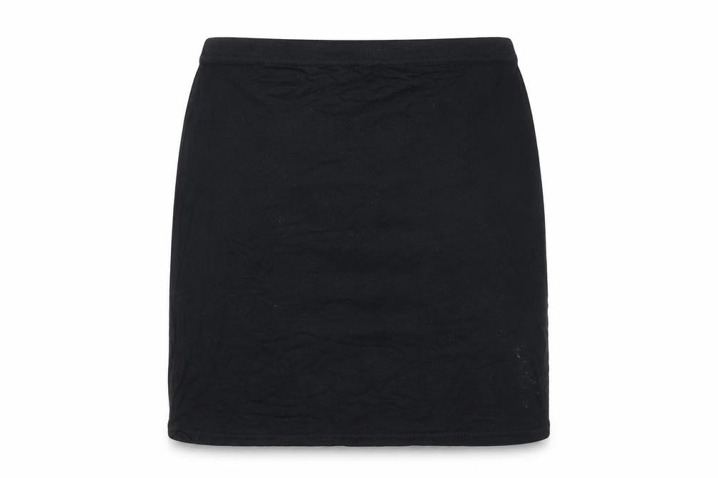 Front view of Boohoo women’s black viscose mini skirt, size UK 8, - skeleton