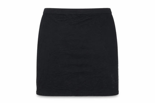 Front view of Boohoo women’s black viscose mini skirt, size UK 8, - skeleton