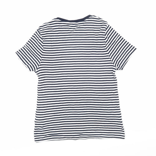 Marks and Spencer Womens Blue Striped 100% Cotton Basic T-Shirt Size 14 Round Neck